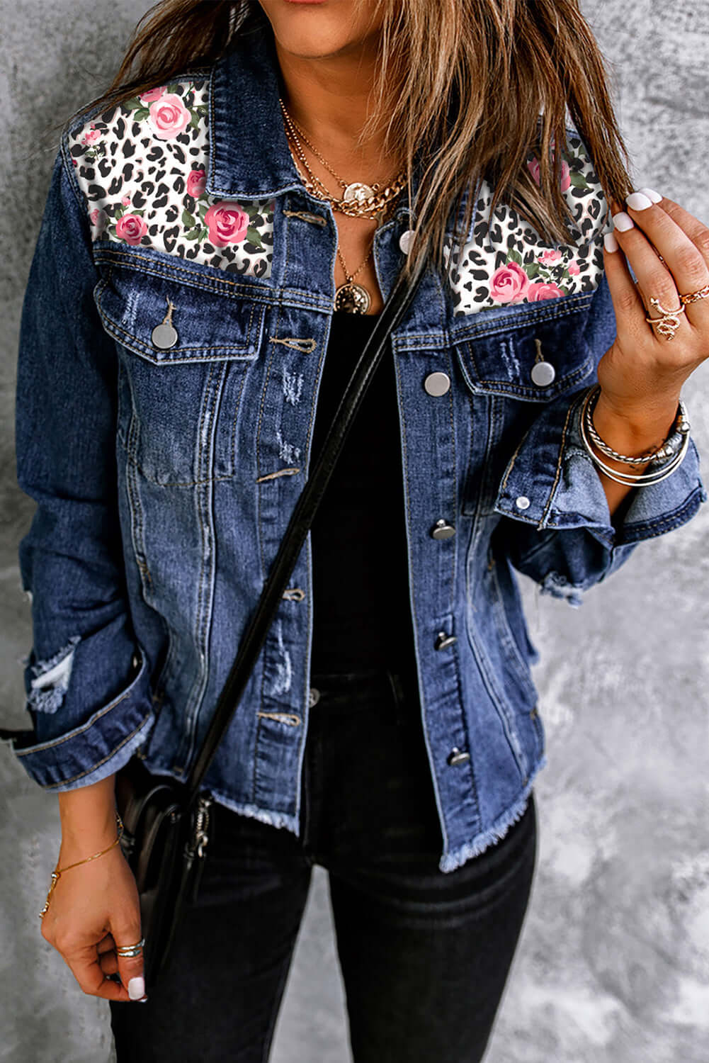 Product Image for Mixed Print Distressed Button Front Denim Jacket