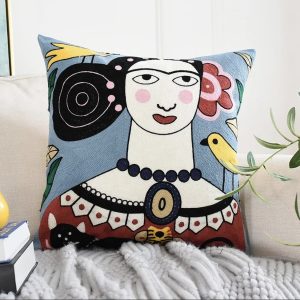 Product Image for Frida Inspired Self Portrait with Canary Embroidered Throw Pillow Cover