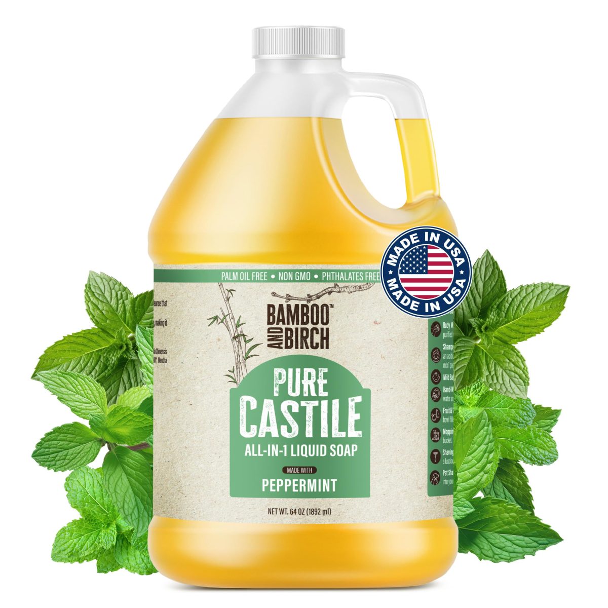 Product Image for BAMBOO AND BIRCH Pure Castile Soap Liquid, Certified Palm Oil Free Natural Soap, Unscented, 64 oz