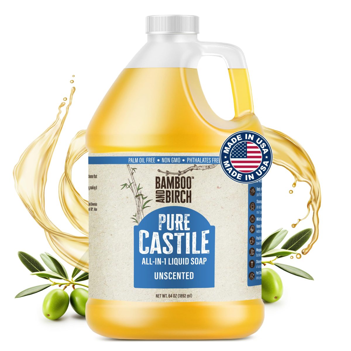 Product Image for BAMBOO AND BIRCH Pure Castile Soap Liquid, Certified Palm Oil Free Natural Soap, Unscented, 64 oz