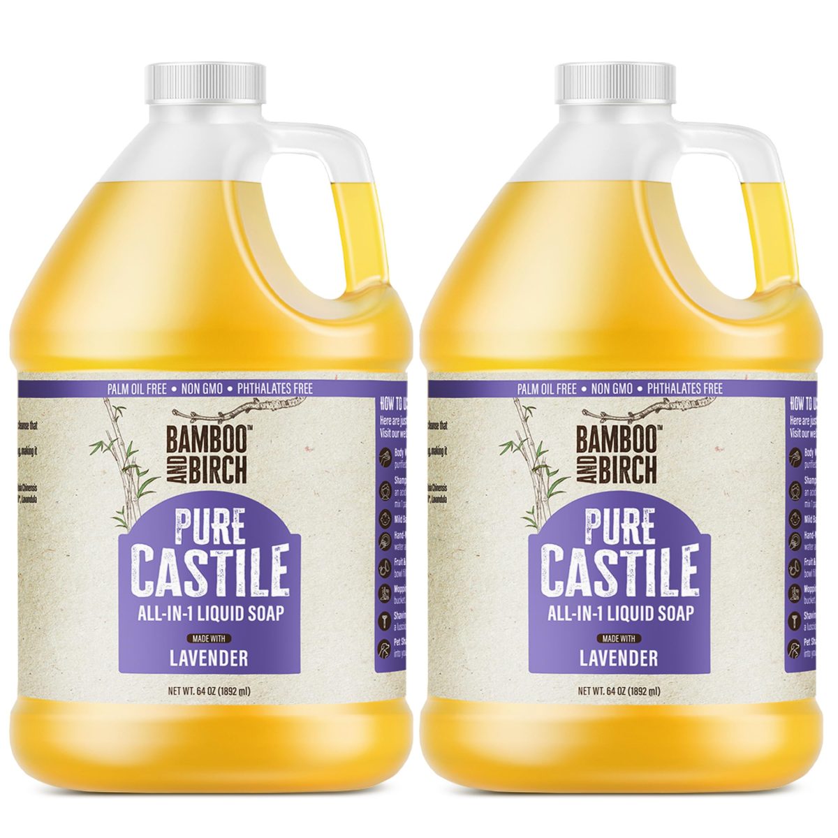 Product Image for BAMBOO AND BIRCH Pure Castile Soap Liquid, Certified Palm Oil Free Natural Soap, Unscented, 64 oz