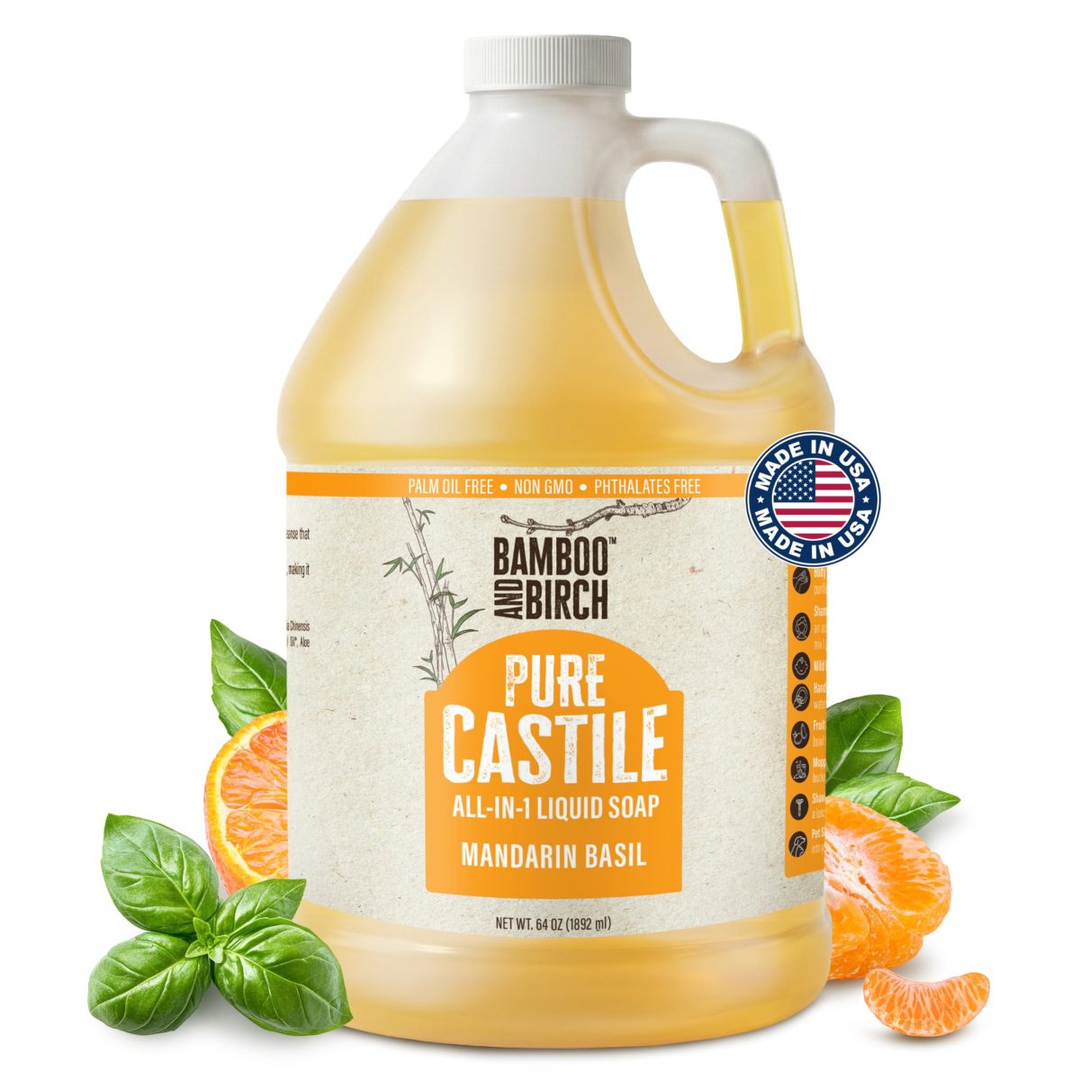 Product Image for BAMBOO AND BIRCH Pure Castile Soap Liquid, Certified Palm Oil Free Natural Soap, Unscented, 64 oz