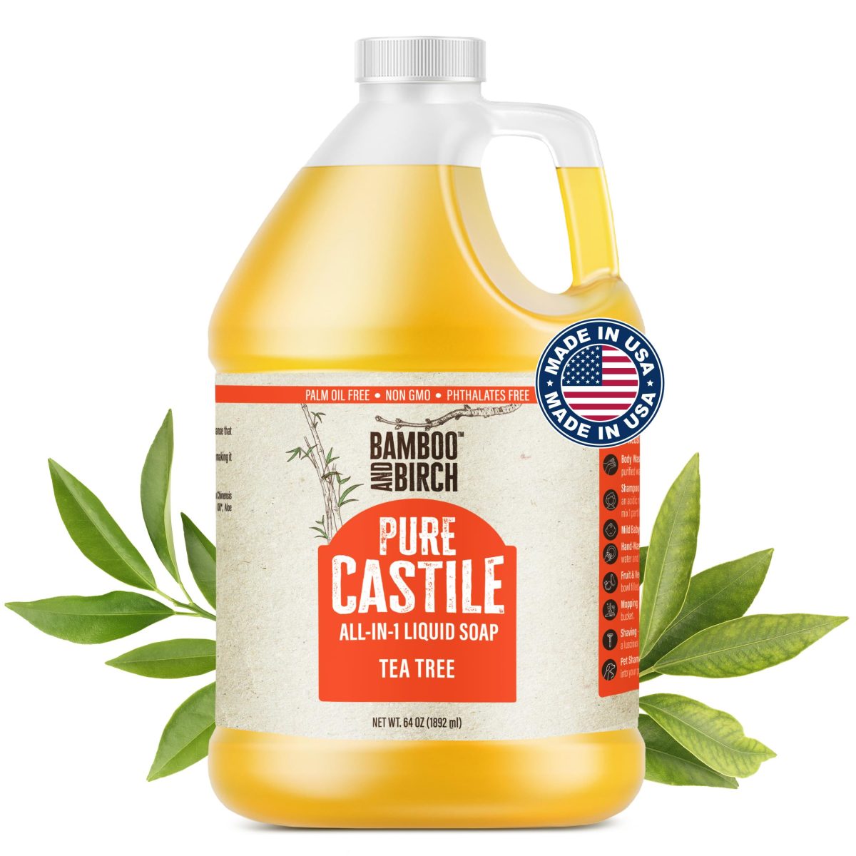 Product Image for BAMBOO AND BIRCH Pure Castile Soap Liquid, Certified Palm Oil Free Natural Soap, Unscented, 64 oz