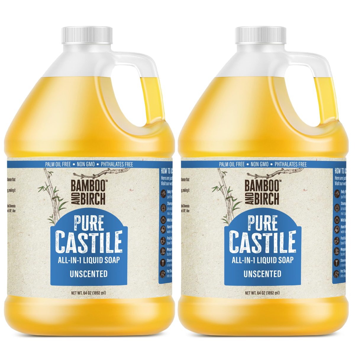 Product Image for BAMBOO AND BIRCH Pure Castile Soap Liquid, Certified Palm Oil Free Natural Soap, Unscented, 64 oz