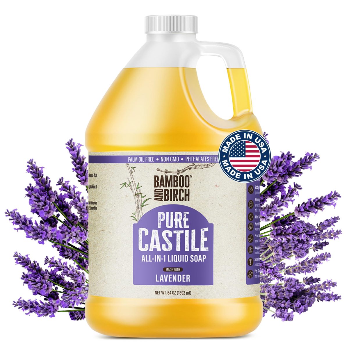 Product Image for BAMBOO AND BIRCH Pure Castile Soap Liquid, Certified Palm Oil Free Natural Soap, Unscented, 64 oz