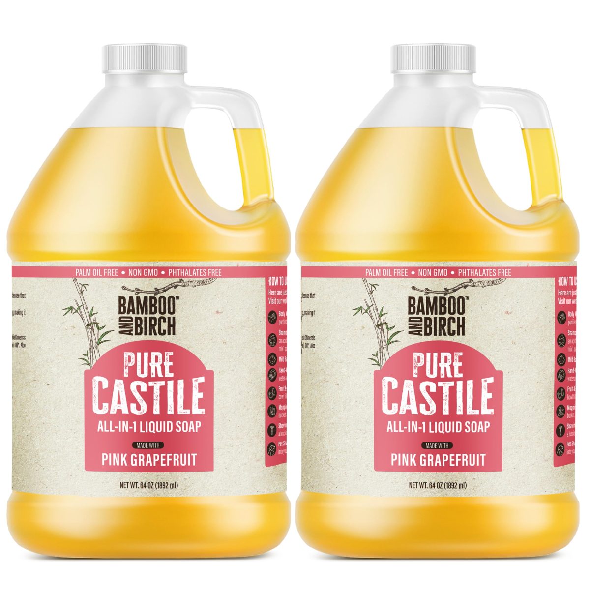 Product Image for BAMBOO AND BIRCH Pure Castile Soap Liquid, Certified Palm Oil Free Natural Soap, Unscented, 64 oz