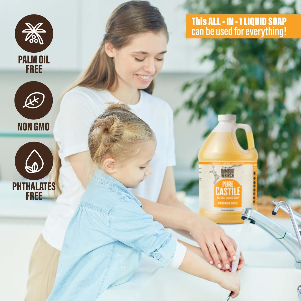 Product Image for BAMBOO AND BIRCH Pure Castile Soap Liquid, Certified Palm Oil Free Natural Soap, Unscented, 64 oz