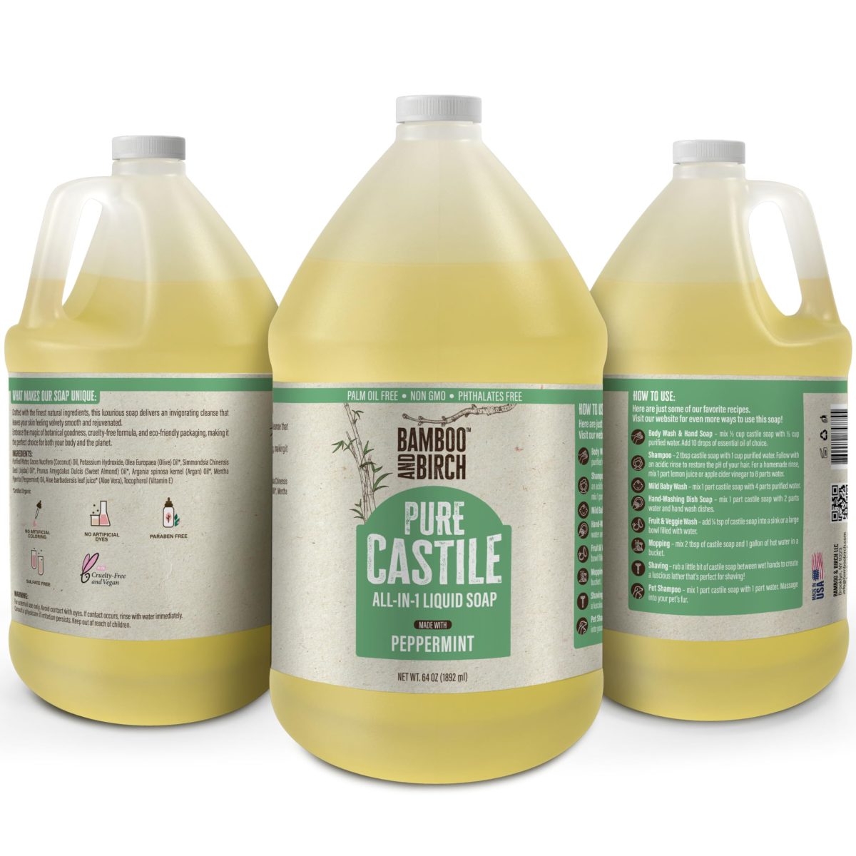 Product Image for BAMBOO AND BIRCH Pure Castile Soap Liquid, Certified Palm Oil Free Natural Soap, Unscented, 64 oz