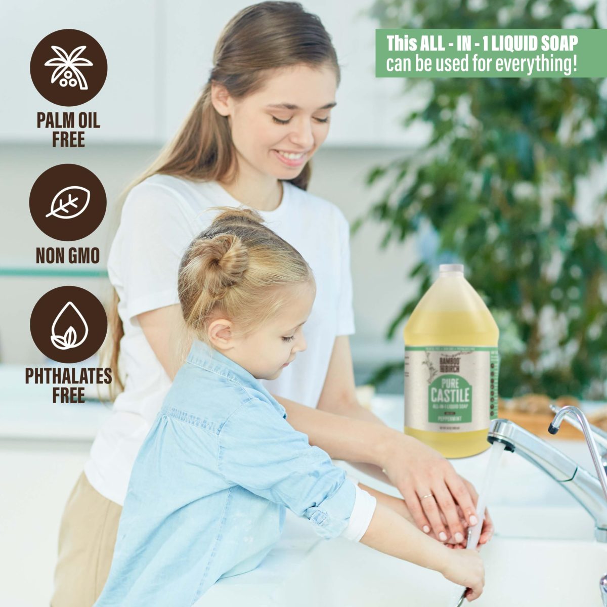 Product Image for BAMBOO AND BIRCH Pure Castile Soap Liquid, Certified Palm Oil Free Natural Soap, Unscented, 64 oz