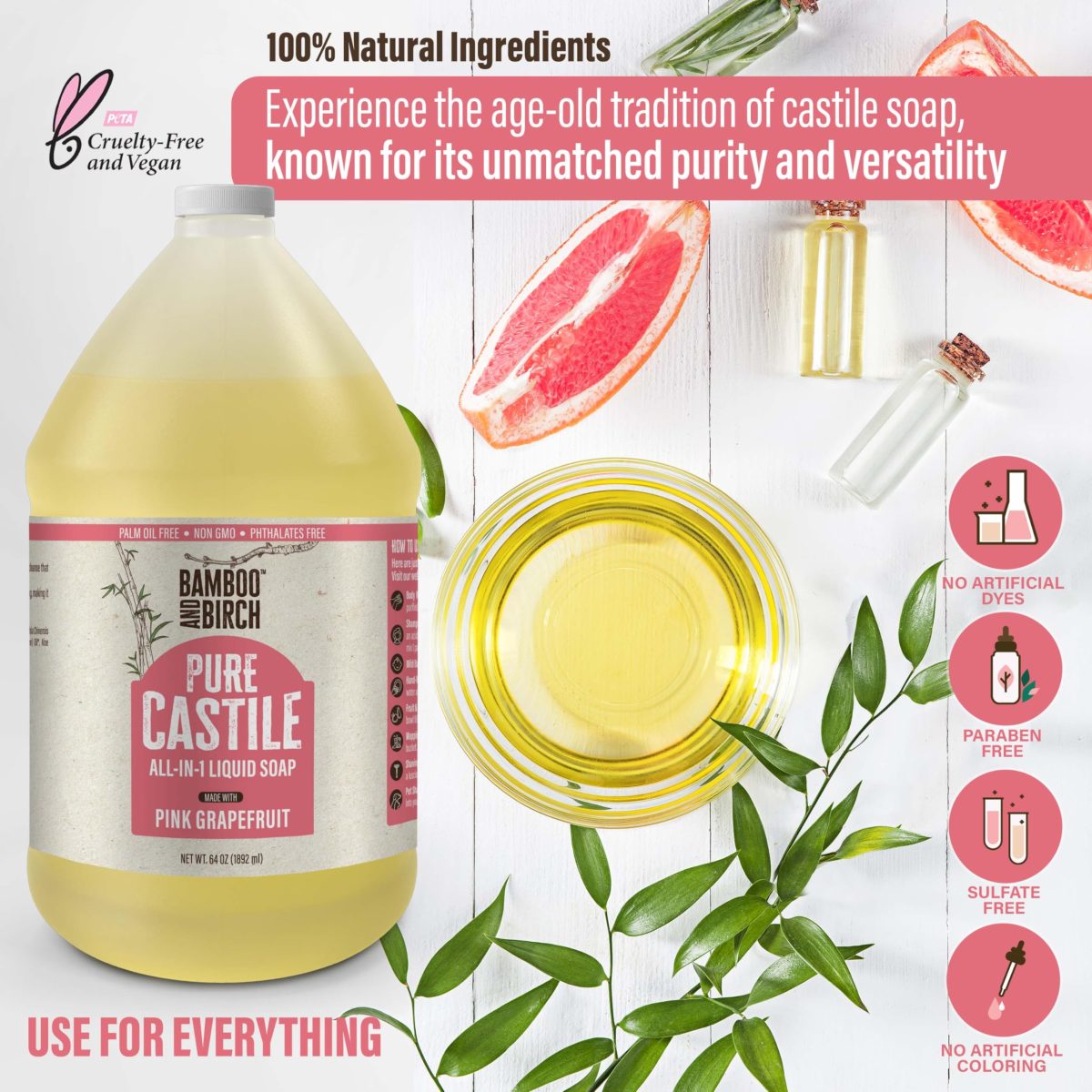 Product Image for BAMBOO AND BIRCH Pure Castile Soap Liquid, Certified Palm Oil Free Natural Soap, Unscented, 64 oz