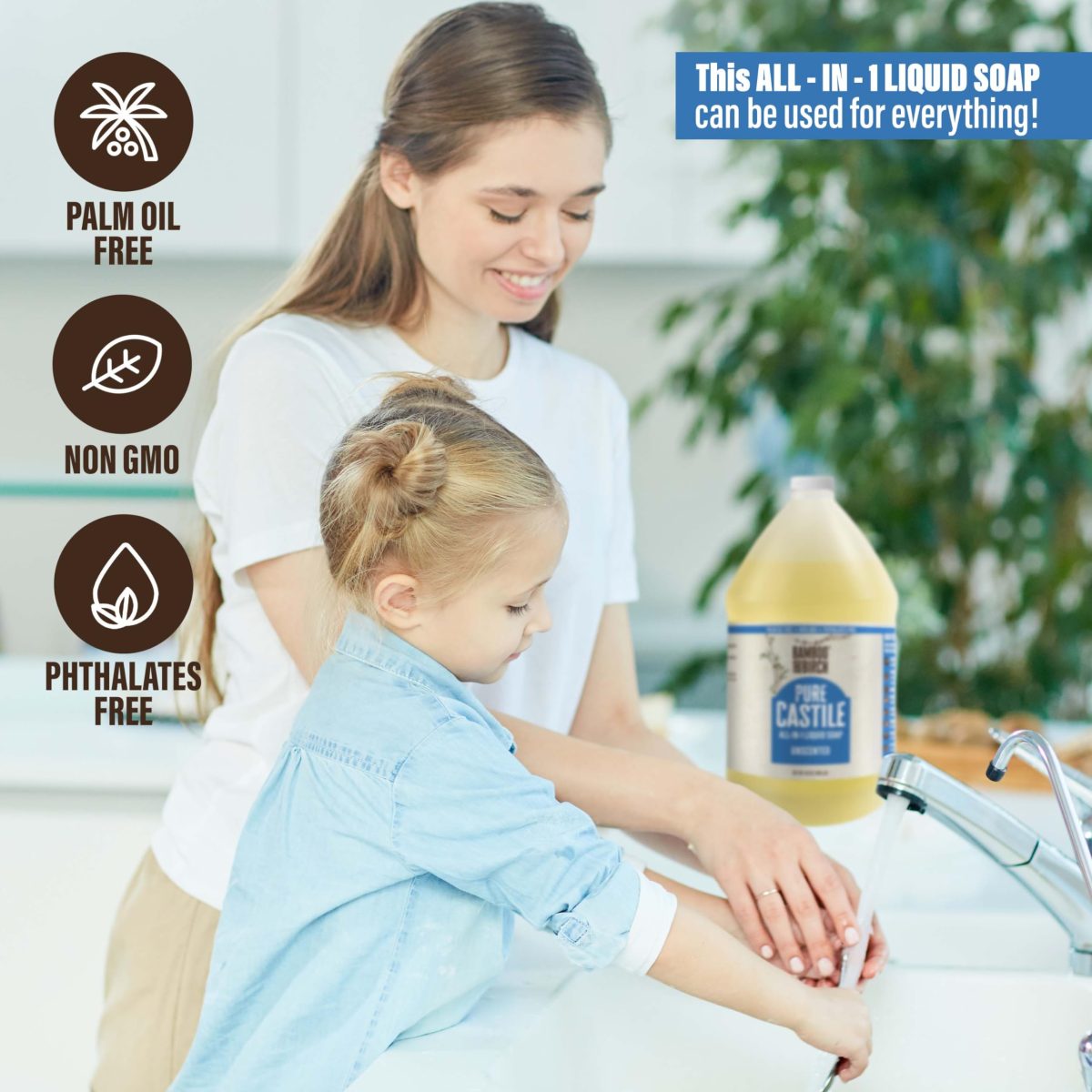 Product Image for BAMBOO AND BIRCH Pure Castile Soap Liquid, Certified Palm Oil Free Natural Soap, Unscented, 64 oz