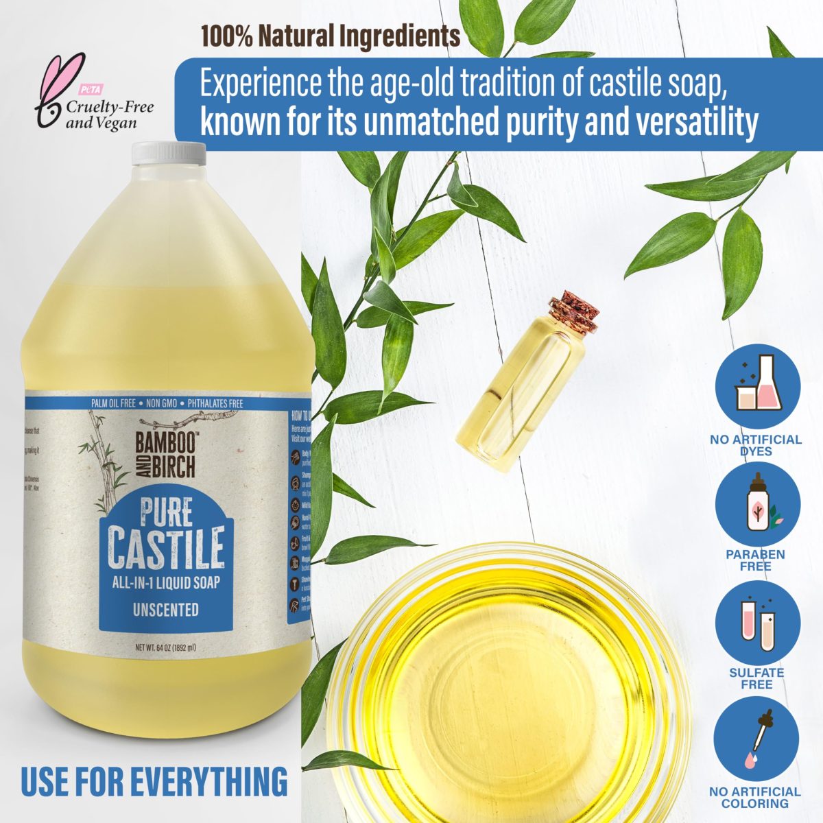 Product Image for BAMBOO AND BIRCH Pure Castile Soap Liquid, Certified Palm Oil Free Natural Soap, Unscented, 64 oz