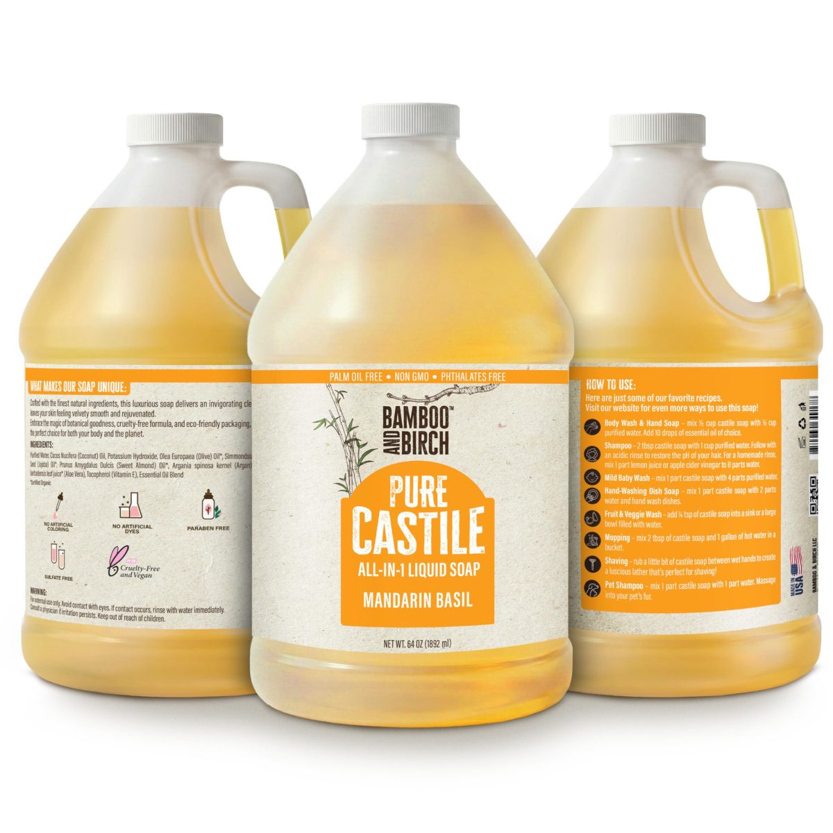 Product Image for BAMBOO AND BIRCH Pure Castile Soap Liquid, Certified Palm Oil Free Natural Soap, Unscented, 64 oz