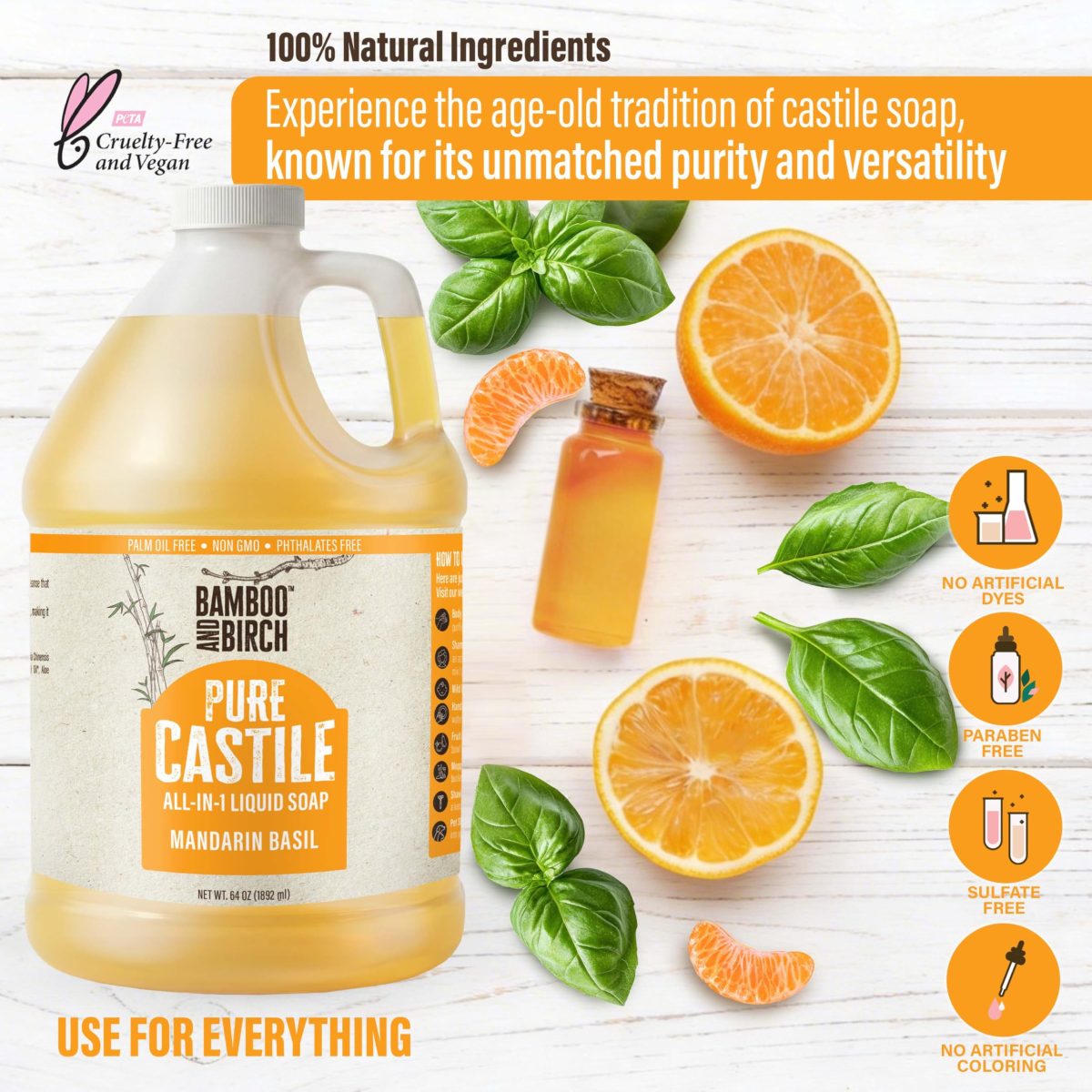 Product Image for BAMBOO AND BIRCH Pure Castile Soap Liquid, Certified Palm Oil Free Natural Soap, Unscented, 64 oz