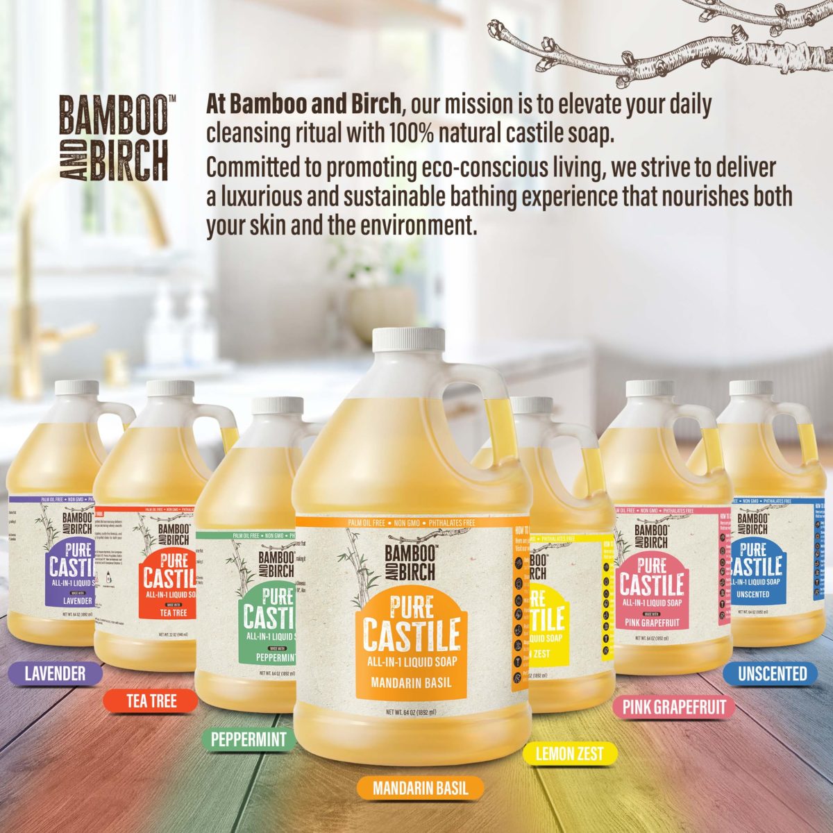 Product Image for BAMBOO AND BIRCH Pure Castile Soap Liquid, Certified Palm Oil Free Natural Soap, Unscented, 64 oz