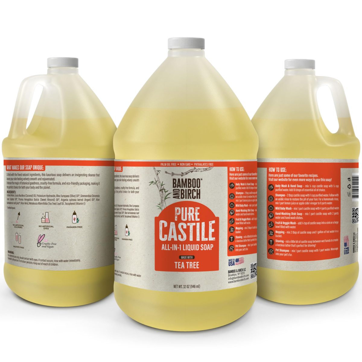 Product Image for BAMBOO AND BIRCH Pure Castile Soap Liquid, Certified Palm Oil Free Natural Soap, Unscented, 64 oz