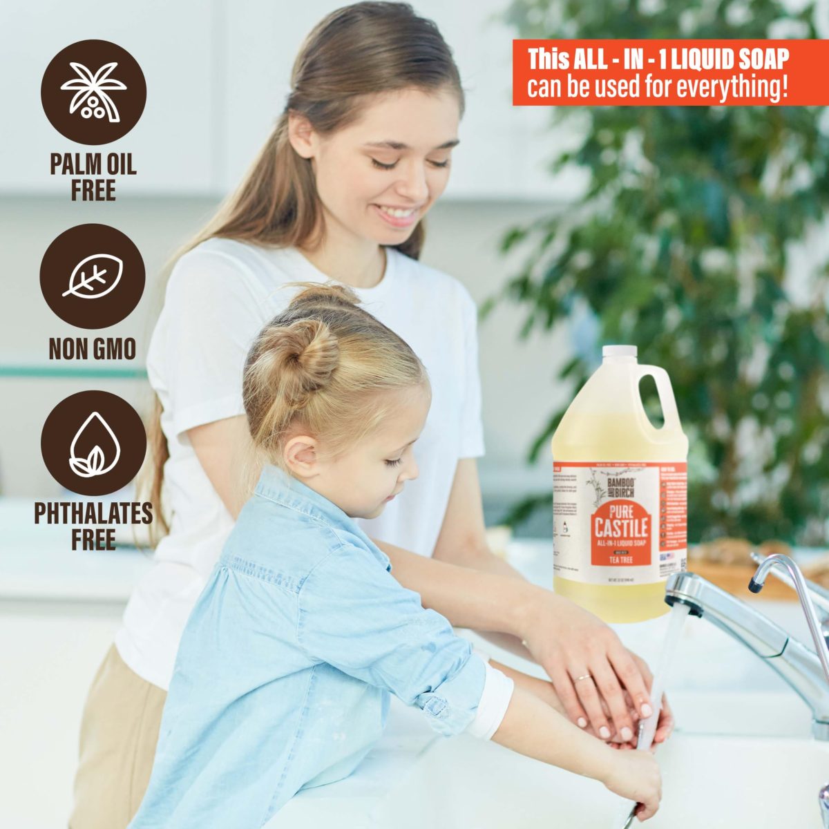 Product Image for BAMBOO AND BIRCH Pure Castile Soap Liquid, Certified Palm Oil Free Natural Soap, Unscented, 64 oz