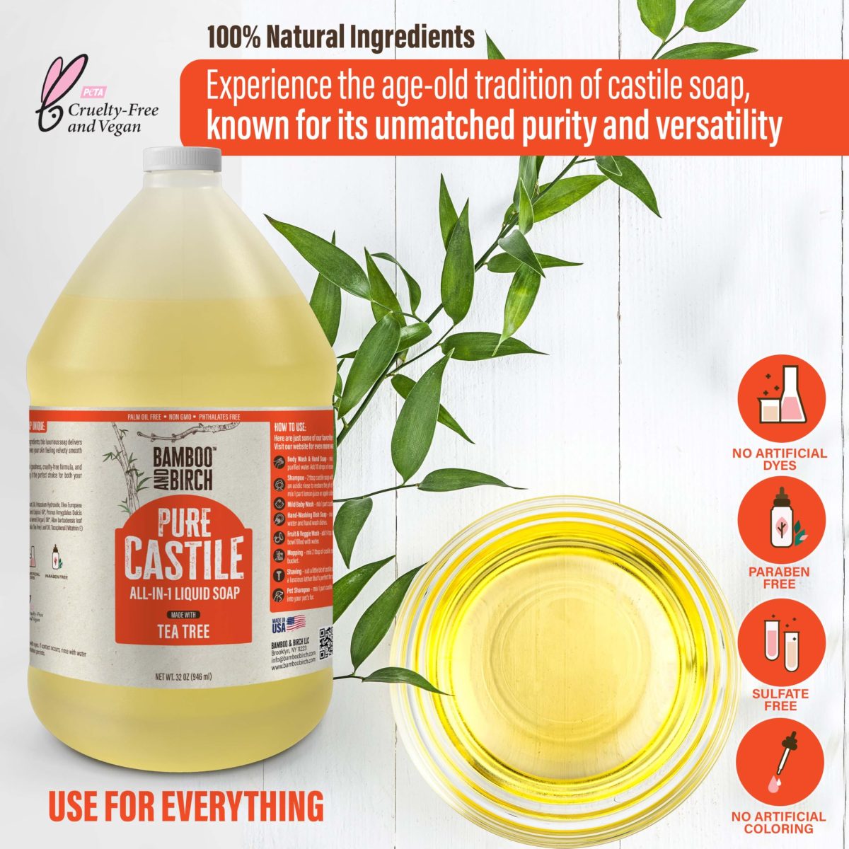 Product Image for BAMBOO AND BIRCH Pure Castile Soap Liquid, Certified Palm Oil Free Natural Soap, Unscented, 64 oz