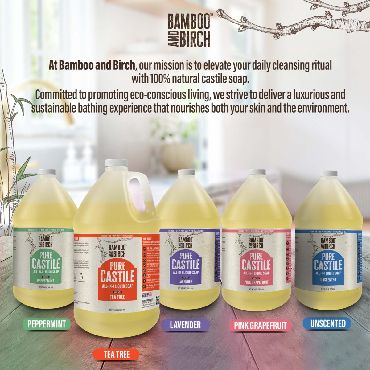 Product Image for BAMBOO AND BIRCH Pure Castile Soap Liquid, Certified Palm Oil Free Natural Soap, Unscented, 64 oz