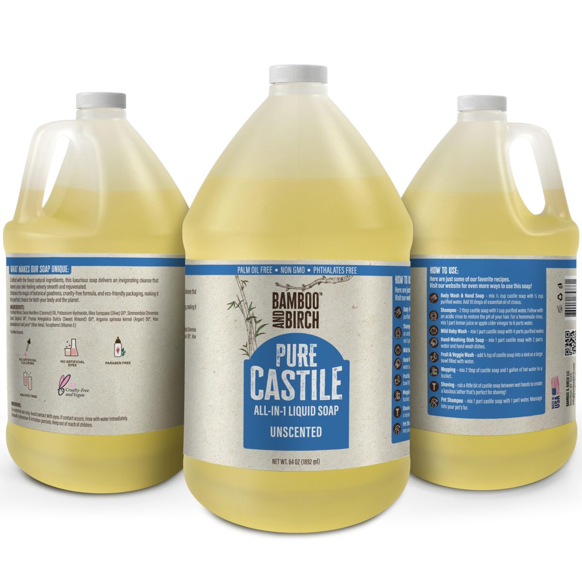 Product Image for BAMBOO AND BIRCH Pure Castile Soap Liquid, Certified Palm Oil Free Natural Soap, Unscented, 64 oz