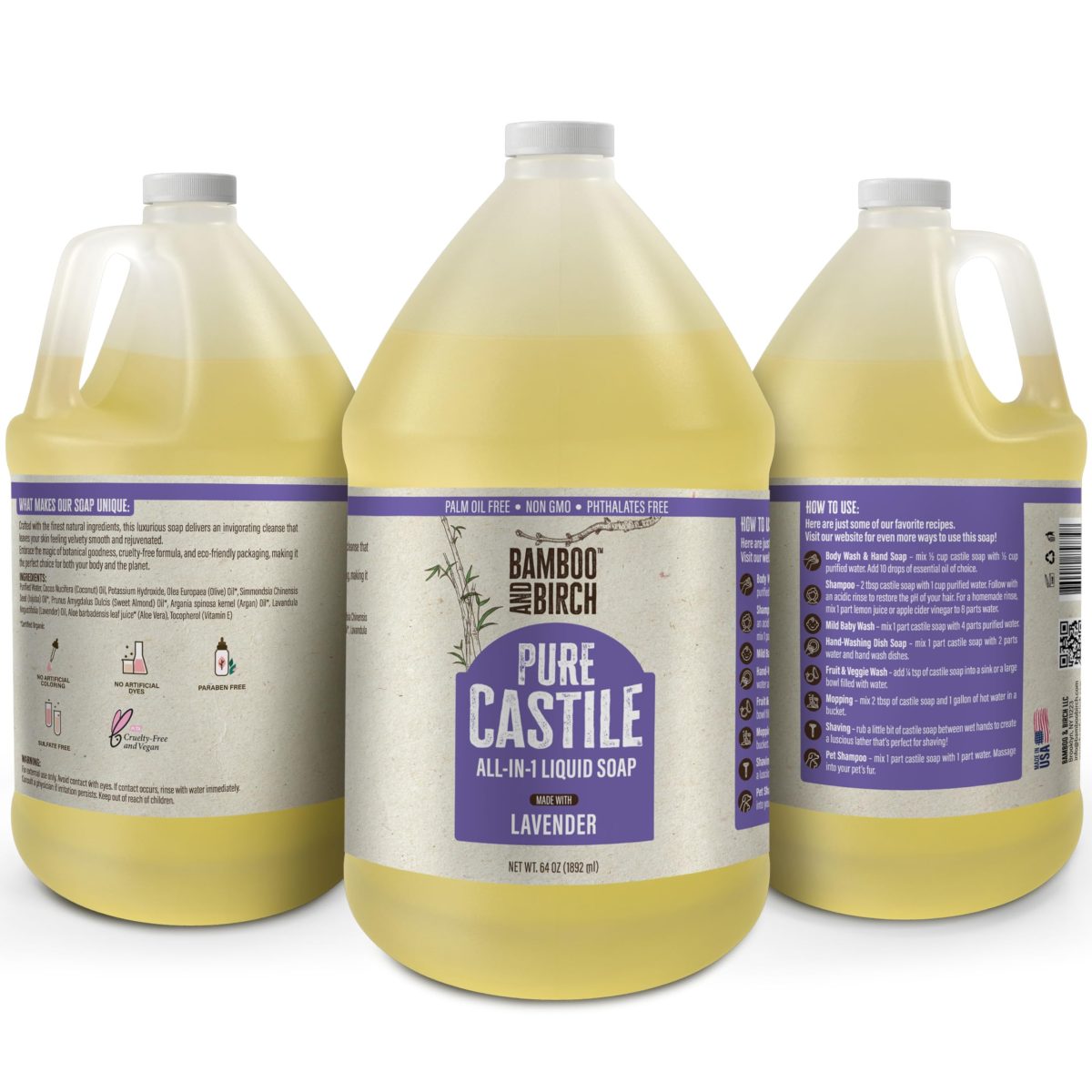 Product Image for BAMBOO AND BIRCH Pure Castile Soap Liquid, Certified Palm Oil Free Natural Soap, Unscented, 64 oz