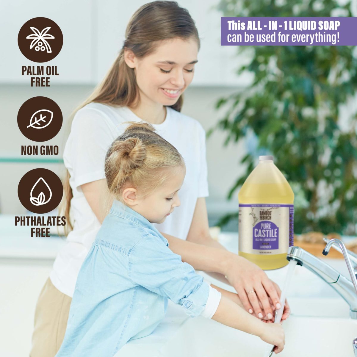 Product Image for BAMBOO AND BIRCH Pure Castile Soap Liquid, Certified Palm Oil Free Natural Soap, Unscented, 64 oz