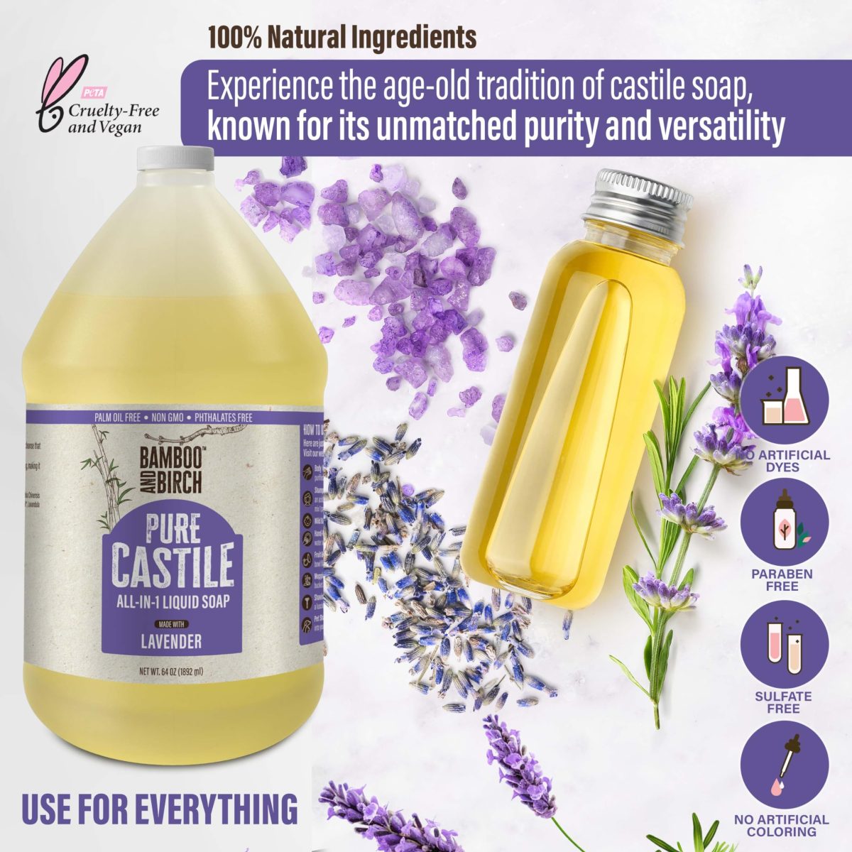 Product Image for BAMBOO AND BIRCH Pure Castile Soap Liquid, Certified Palm Oil Free Natural Soap, Unscented, 64 oz