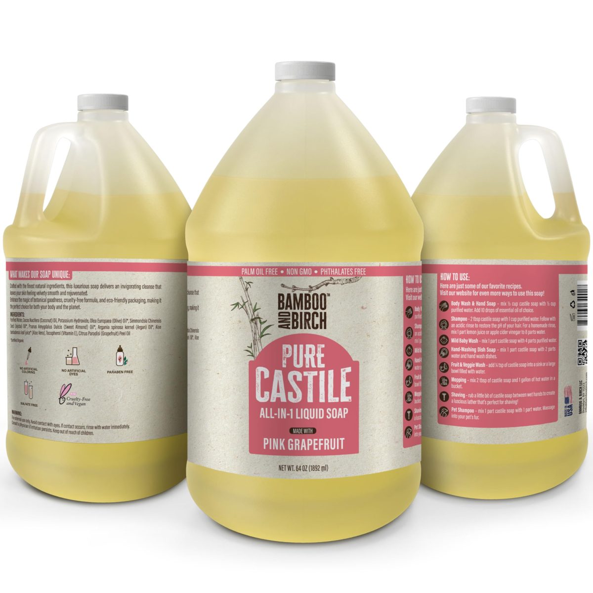 Product Image for BAMBOO AND BIRCH Pure Castile Soap Liquid, Certified Palm Oil Free Natural Soap, Unscented, 64 oz