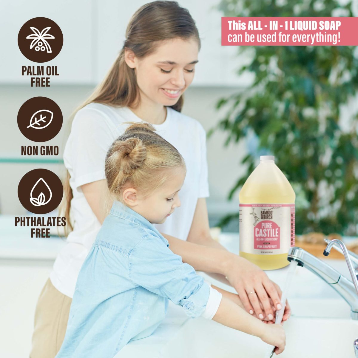 Product Image for BAMBOO AND BIRCH Pure Castile Soap Liquid, Certified Palm Oil Free Natural Soap, Unscented, 64 oz