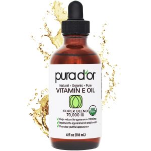 Product Image for PURA D’OR 4 Oz Organic Vitamin E Oil 70,000 IU, USDA Certified Face, Body, Hair & Bath Oil with Argan, Jojoba, Rosehip, Apricot, Almond & Avocado, Lightweight Moisturizing Blend for Soft, Smooth Skin