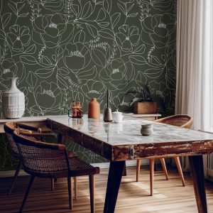 Product Image for Boho Large Peony Flowers Line Art Dark Green Wallpaper | Wallpaper Peel and Stick | Removable Wallpaper | Peel and Stick Wallpaper | 1477