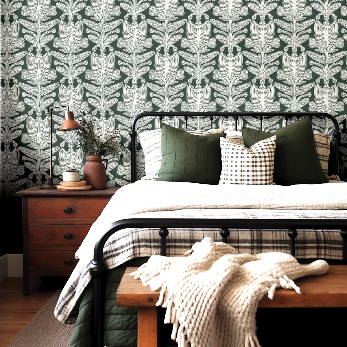 Product Image for Verdant Vignette | Green Botanical Damask Removable Wallpaper for Office, Bedroom, Walls, DIY Home Decor 1956
