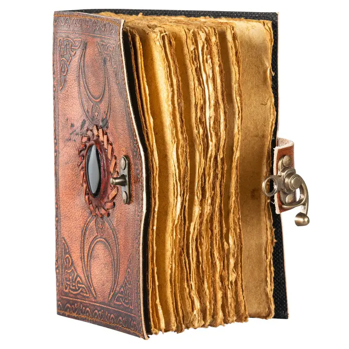 Product Image for Hand-Embossed Horned Crescent Moon Leather Journal with Black Stone & Brass Lock