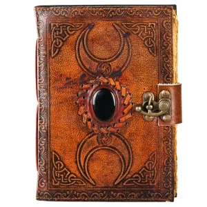 Product Image for Hand-Embossed Horned Crescent Moon Leather Journal with Black Stone & Brass Lock
