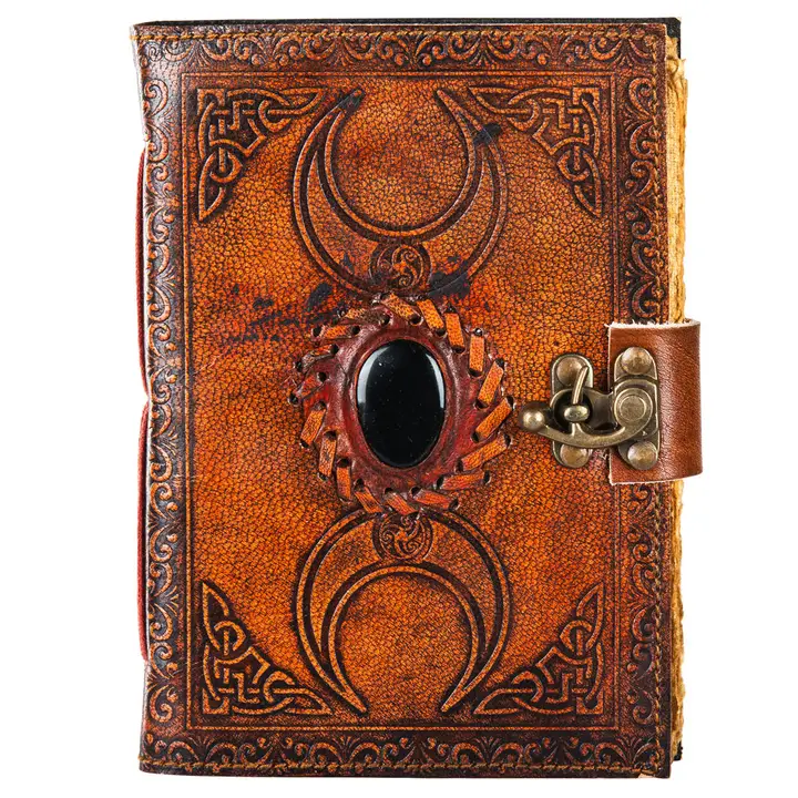 Product Image for Hand-Embossed Horned Crescent Moon Leather Journal with Black Stone & Brass Lock